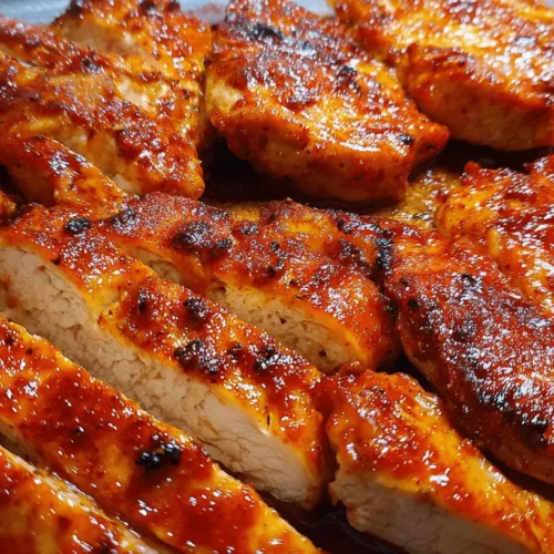 Close-up of perfectly cooked baked chicken breasts with a rich, glossy reddish-orange glaze.