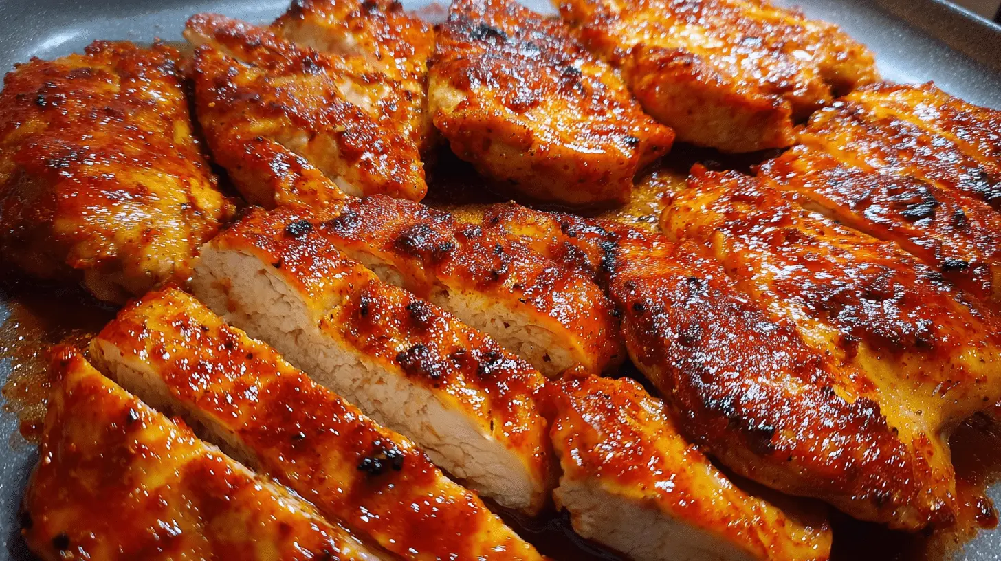 Close-up of perfectly cooked baked chicken breasts with a rich, glossy reddish-orange glaze.