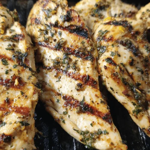 Close-up of richly seasoned grilled chicken breasts with prominent grill marks on a black ridged pan.