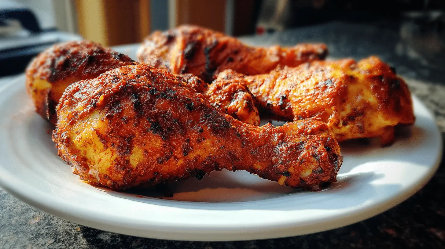 Close-up of appetizing, crispy cooked drumstick chicken, seasoned and arranged on a white plate under natural light.