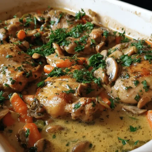 Hearty golden-brown chicken casserole with carrots, mushrooms, and fresh parsley in a white baking dish.