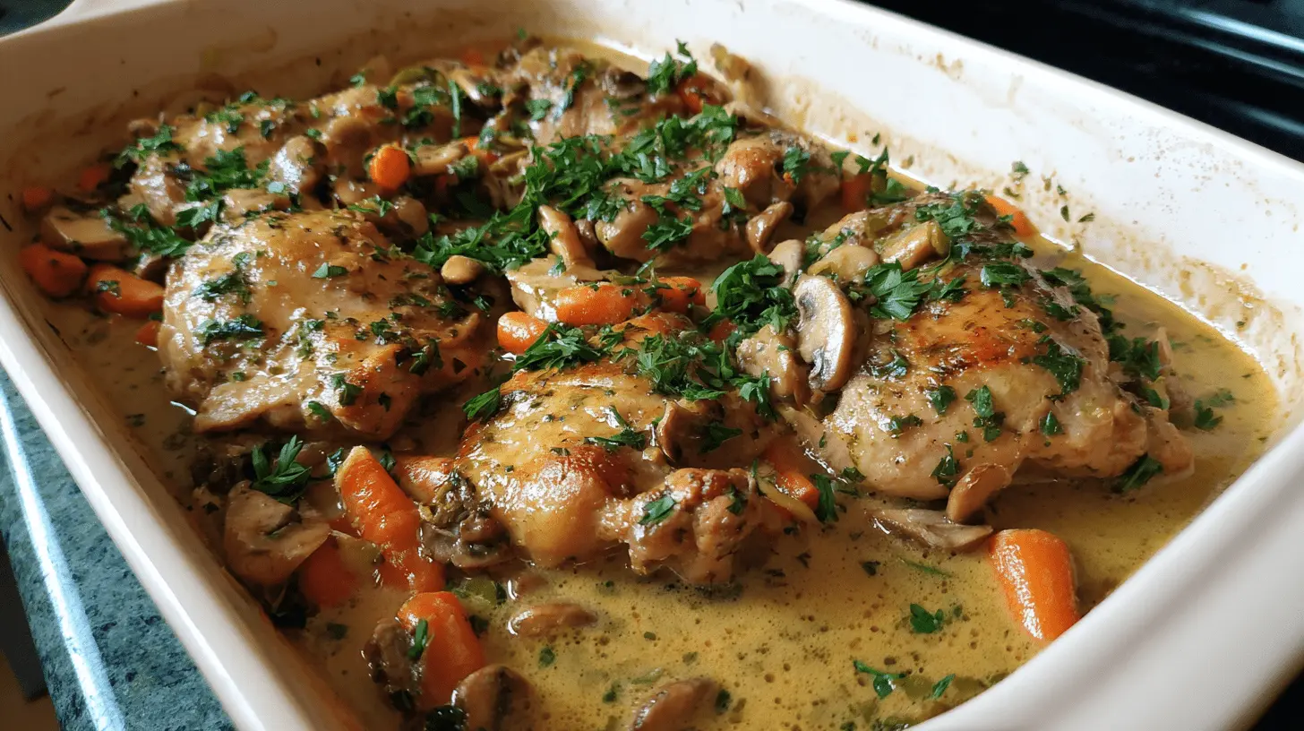 Hearty golden-brown chicken casserole with carrots, mushrooms, and fresh parsley in a white baking dish.