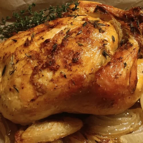 Close-up of a perfectly golden-brown roast chicken with fresh herbs and roasted onions.
