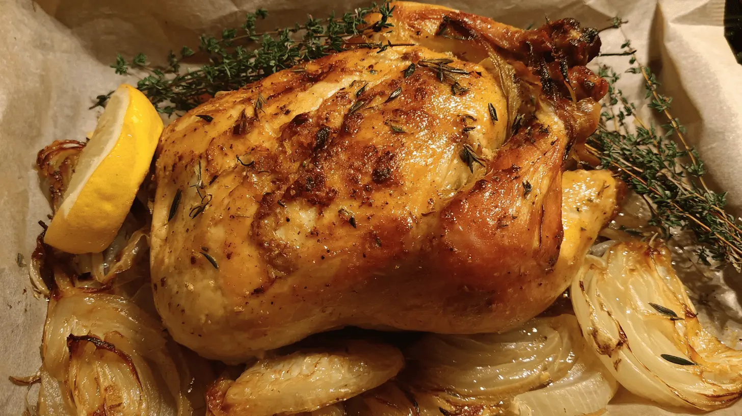 Close-up of a perfectly golden-brown roast chicken with fresh herbs and roasted onions.