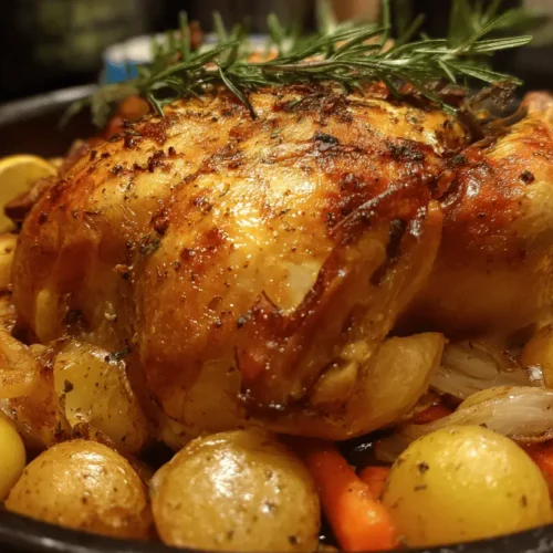 Golden-brown roasted dutch oven chicken with crispy skin, surrounded by herbs and roasted vegetables in a rustic pan.