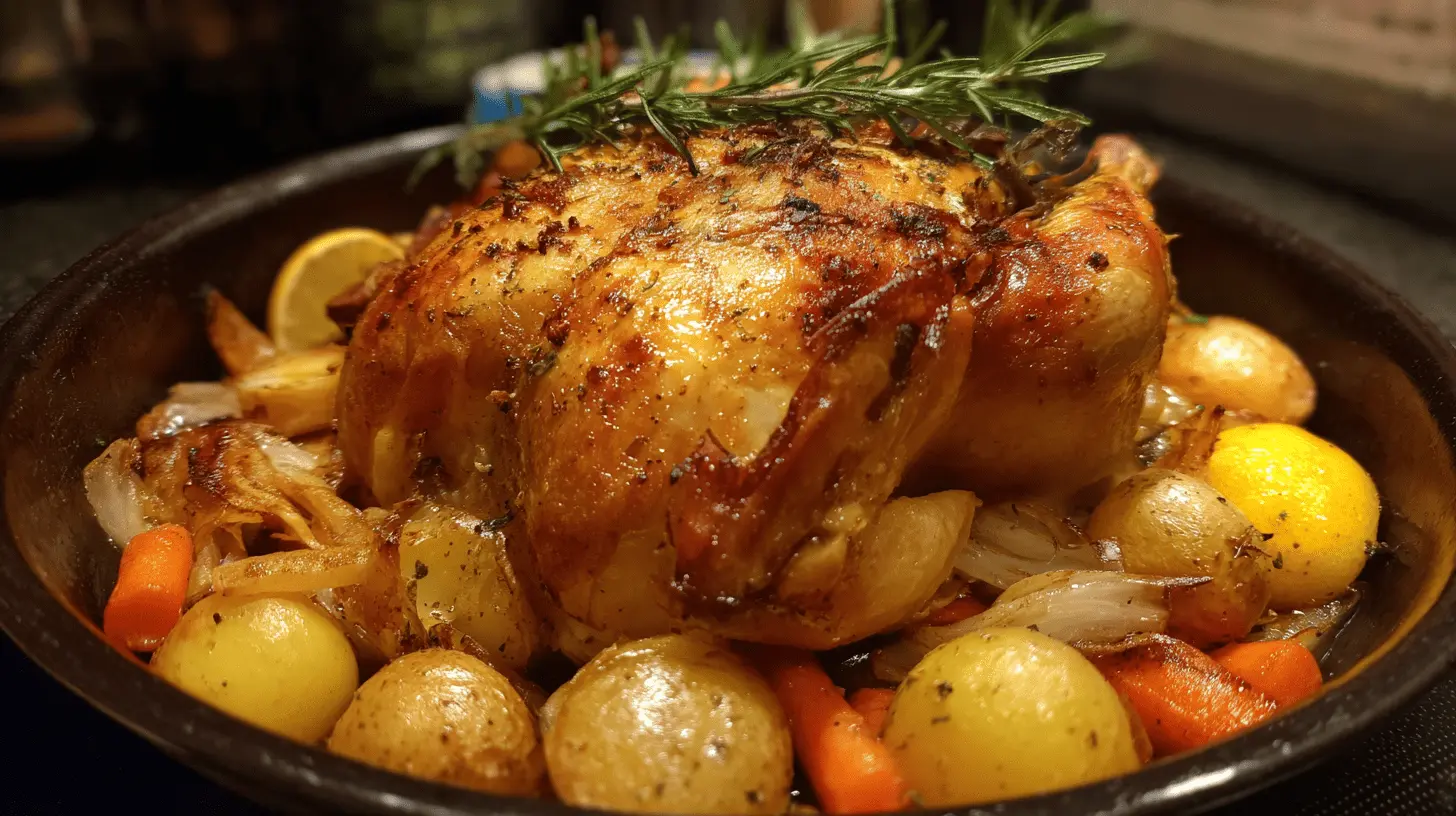 Golden-brown roasted dutch oven chicken with crispy skin, surrounded by herbs and roasted vegetables in a rustic pan.