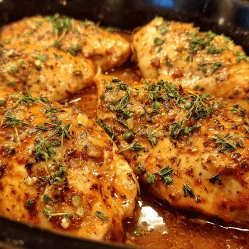 Close-up of succulent golden-brown crockpot chicken breasts garnished with fresh thyme in a rich, amber sauce.