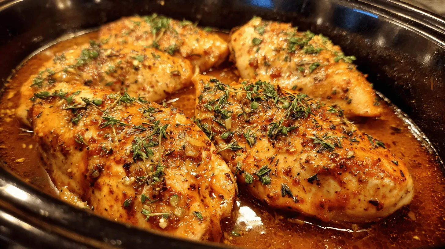 Close-up of succulent golden-brown crockpot chicken breasts garnished with fresh thyme in a rich, amber sauce.