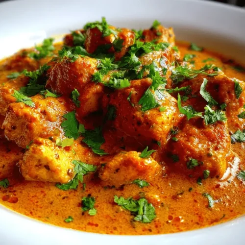Vibrant curry chicken served in a white bowl, garnished with fresh cilantro.