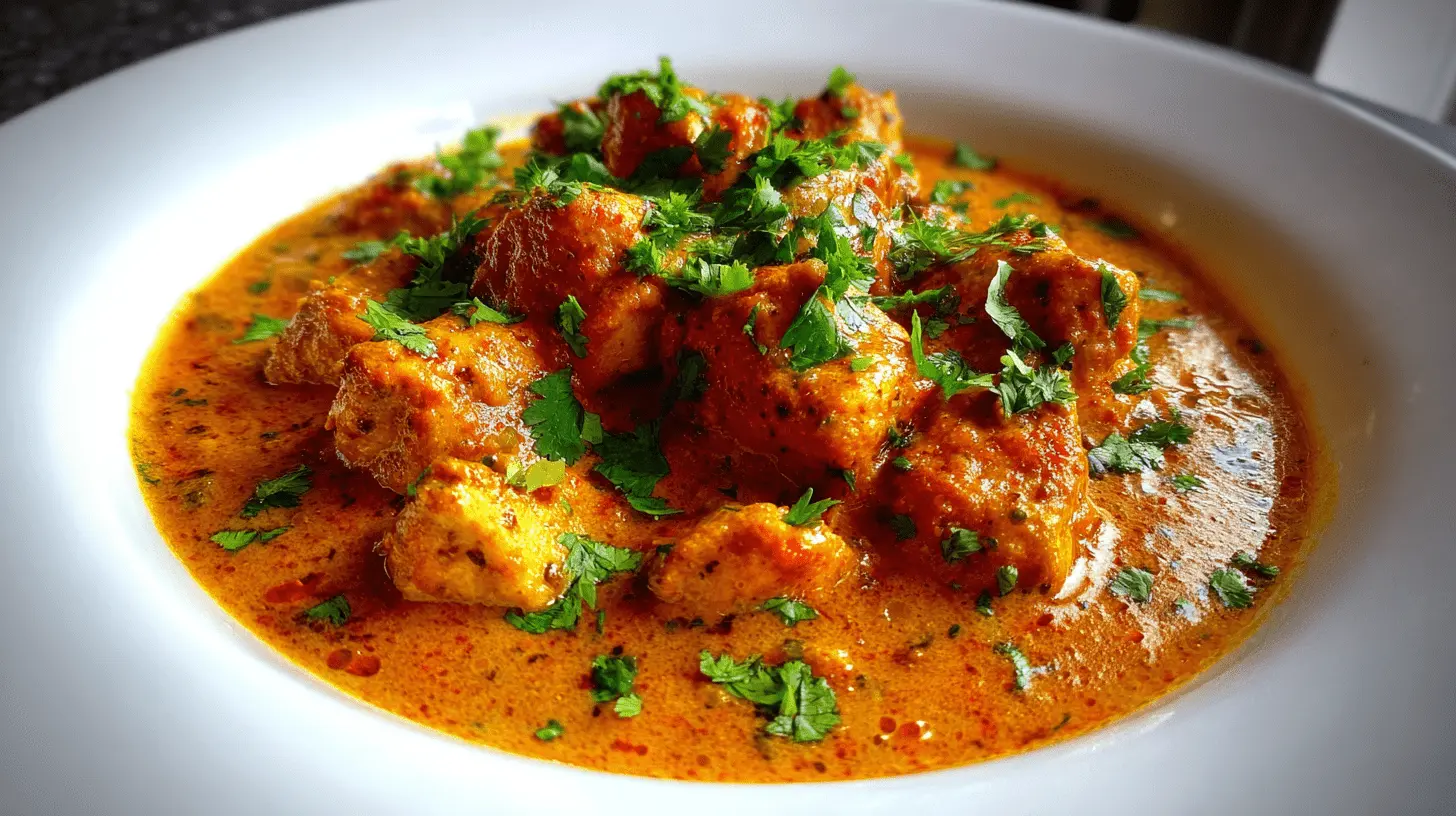 Vibrant curry chicken served in a white bowl, garnished with fresh cilantro.