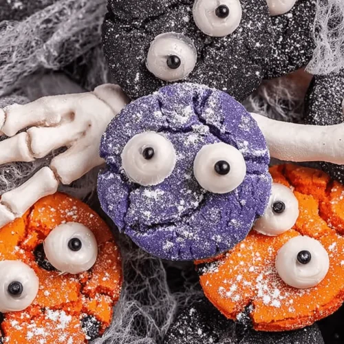 Vibrant Halloween crinkle cookies with spooky edible eyes and skeleton hands, a festive dessert idea to enjoy with a blueberry dump cake.
