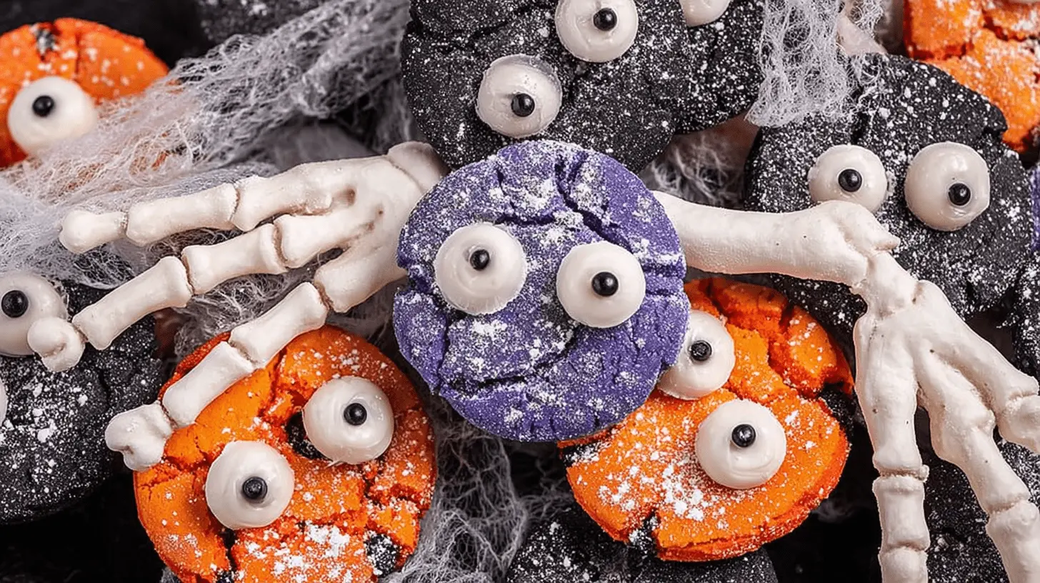 Vibrant Halloween crinkle cookies with spooky edible eyes and skeleton hands, a festive dessert idea to enjoy with a blueberry dump cake.