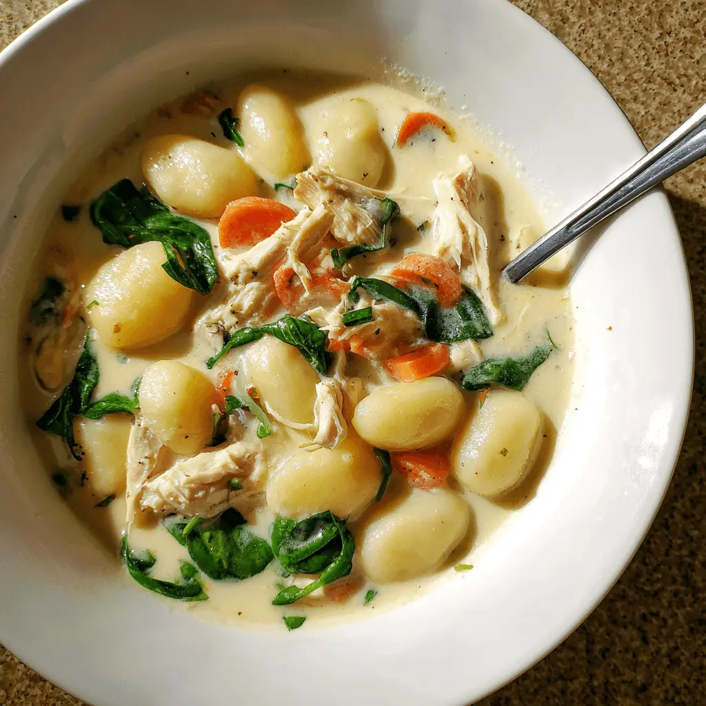 Overhead view of a creamy gnocchi soup recipe with shredded chicken, spinach, and carrots in a white bowl, ready to be enjoyed.