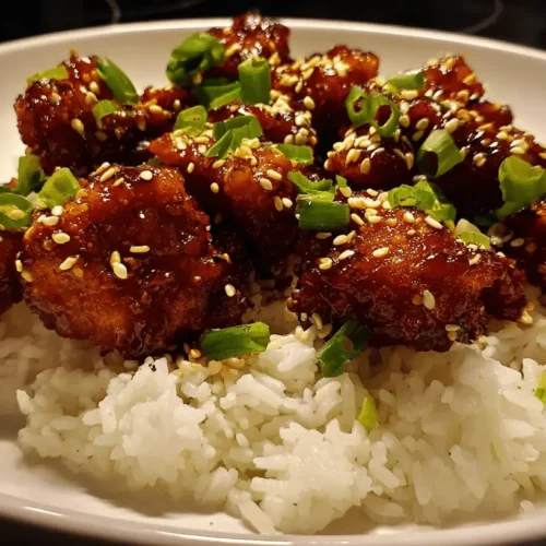 Crispy glazed Asian chicken with sesame seeds and green onions served over white rice in a ceramic bowl.