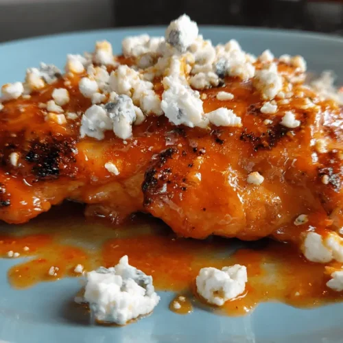 Close-up of saucy Buffalo chicken topped with blue cheese crumbles on a light blue plate.