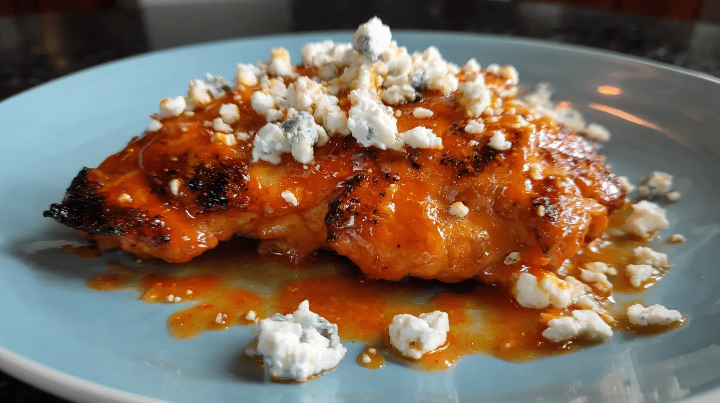 Close-up of saucy Buffalo chicken topped with blue cheese crumbles on a light blue plate.