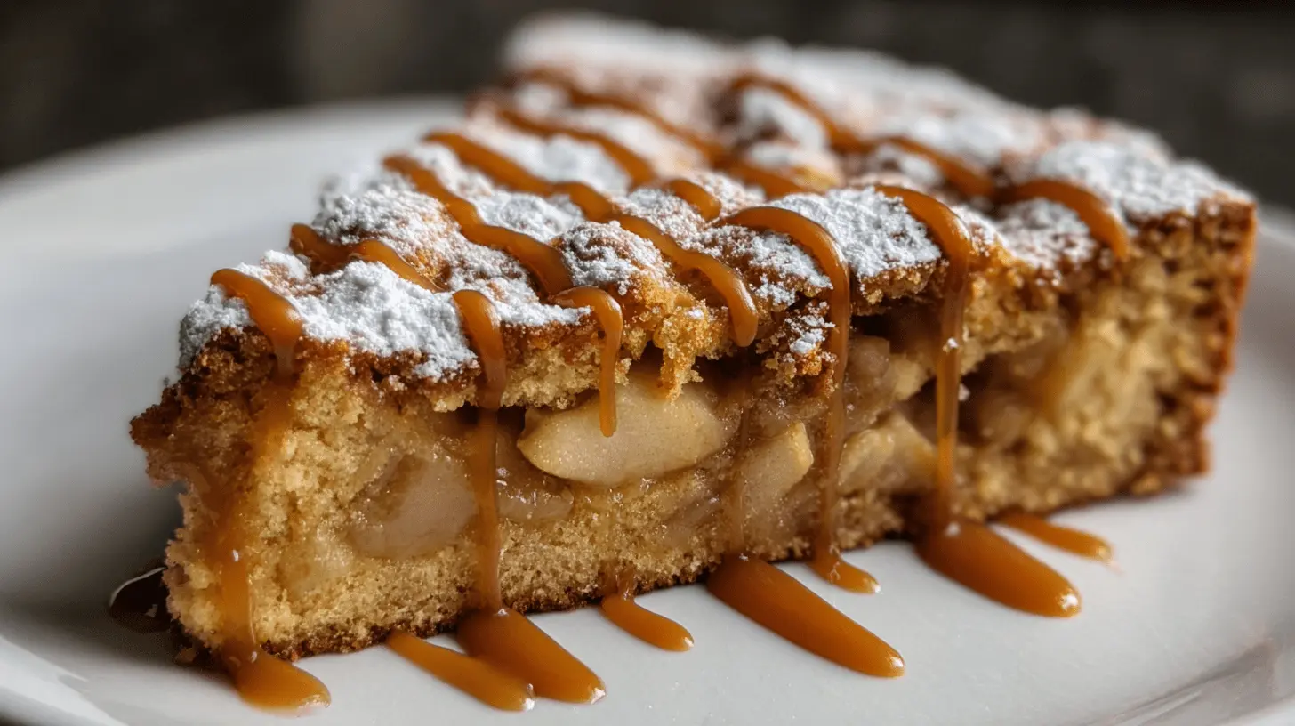 A delicious slice of apple cake generously topped with powdered sugar and caramel drizzle on a white plate.
