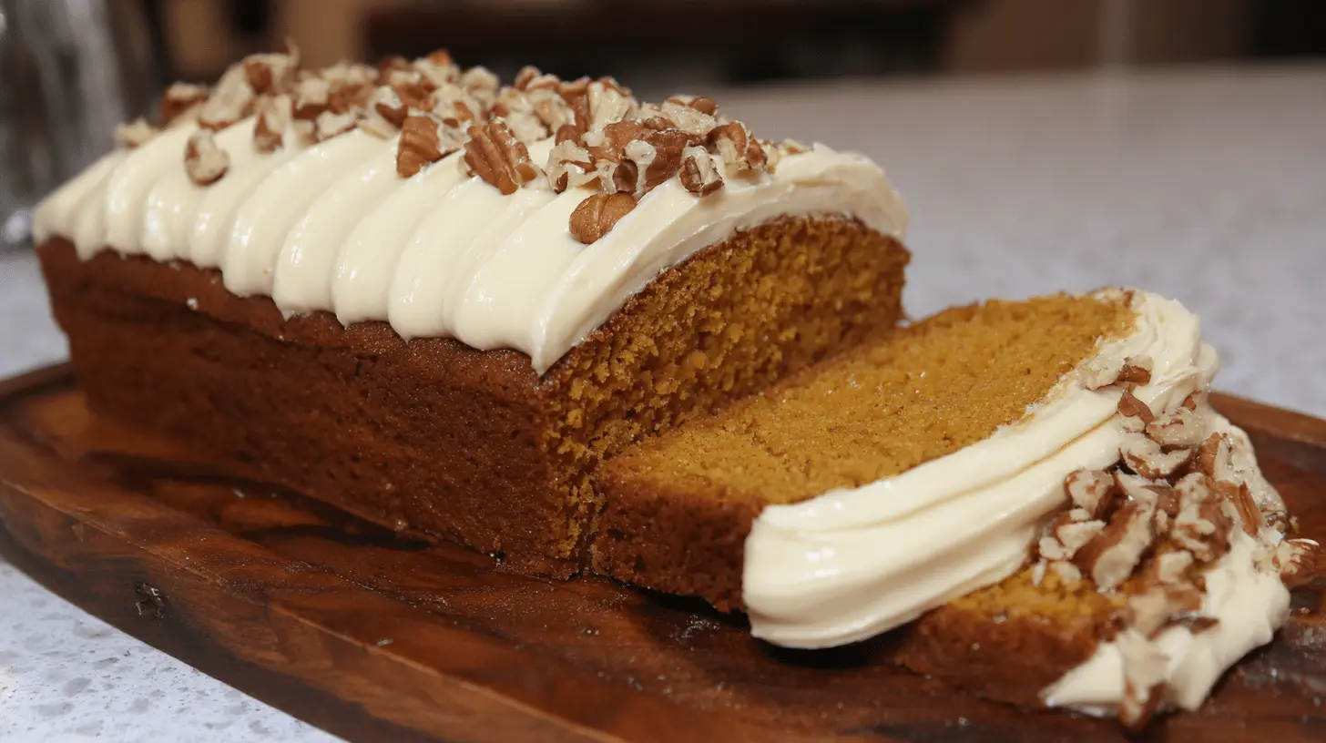 Delicious pumpkin cake loaf, generously frosted with cream cheese and topped with pecans, presented on a dark wooden board.