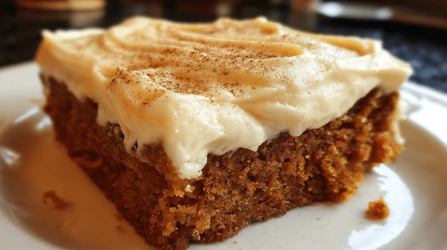 Close-up of a moist slice of spice cake with creamy white frosting, dusted with spice, on a white plate.