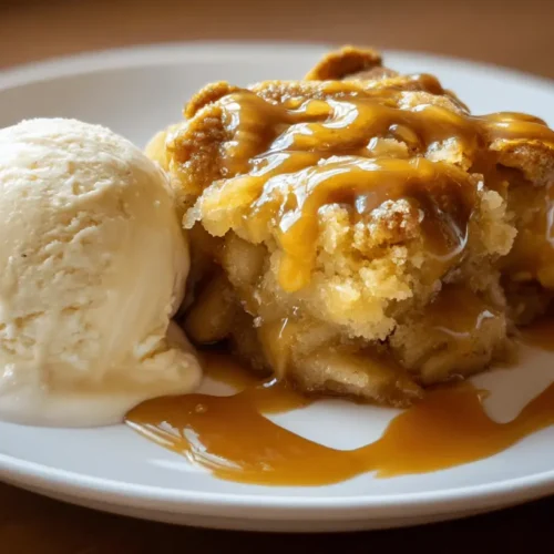 Delicious apple dump cake with a golden crumble topping, vanilla ice cream, and rich caramel sauce on a white plate.