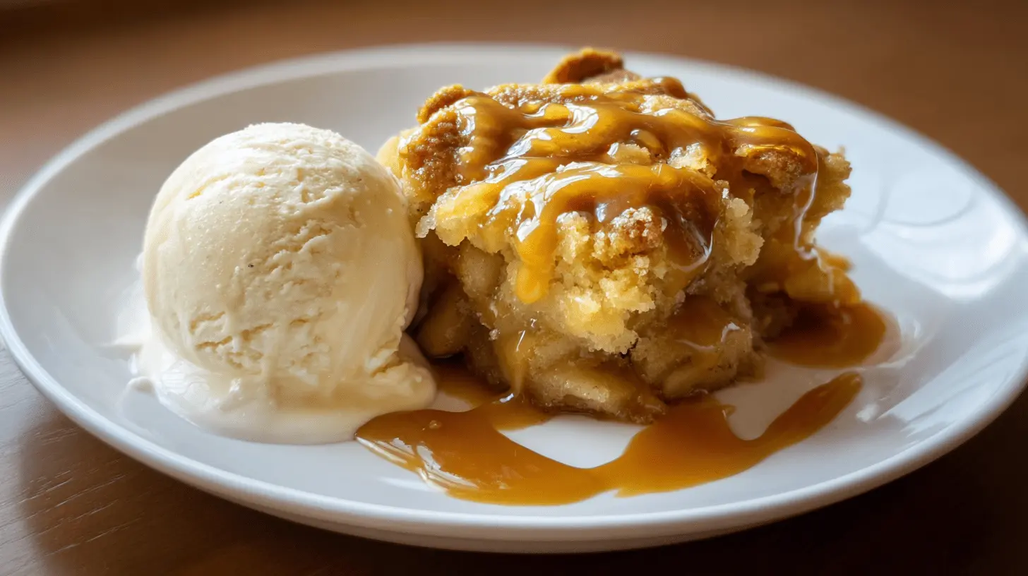 Delicious apple dump cake with a golden crumble topping, vanilla ice cream, and rich caramel sauce on a white plate.
