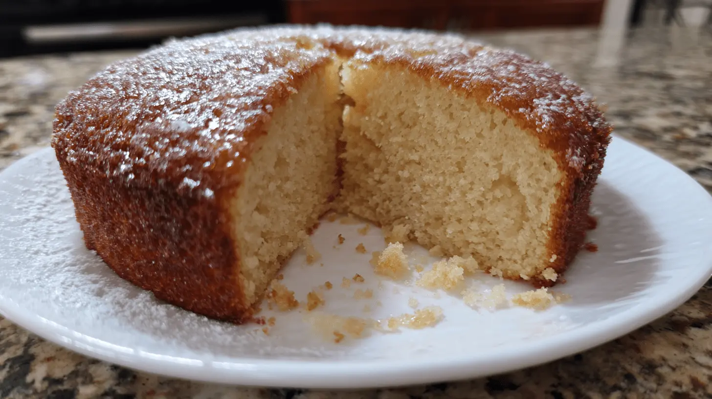 A delicious golden-brown gluten free cake dusted with powdered sugar, with a slice removed revealing its moist, pale yellow interior on a white plate.