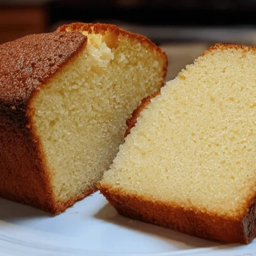 Beautifully baked and sliced pound cake on a white plate, showing its dense, golden crust and moist, pale yellow interior.