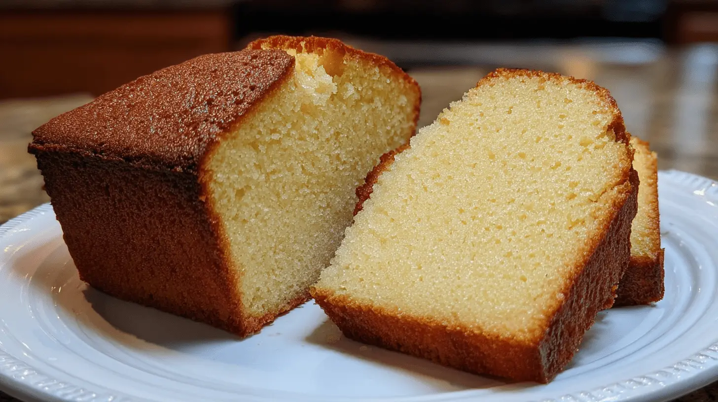 Beautifully baked and sliced pound cake on a white plate, showing its dense, golden crust and moist, pale yellow interior.