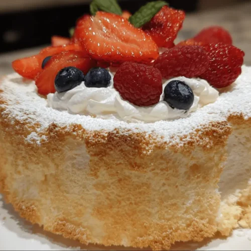 A beautifully presented angel food cake, light and airy, topped with fresh strawberries, raspberries, blueberries, whipped cream, and powdered sugar.