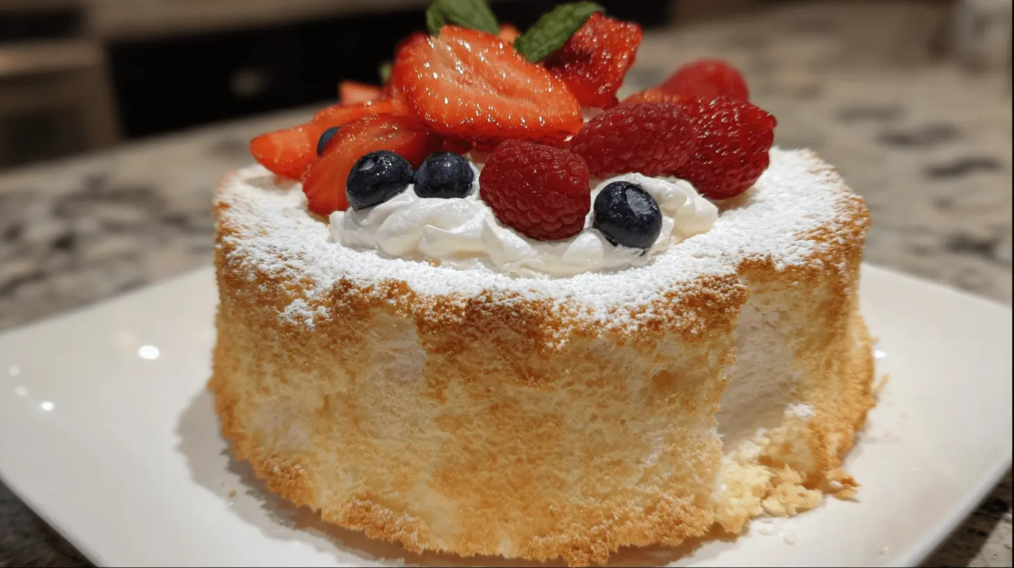 A beautifully presented angel food cake, light and airy, topped with fresh strawberries, raspberries, blueberries, whipped cream, and powdered sugar.