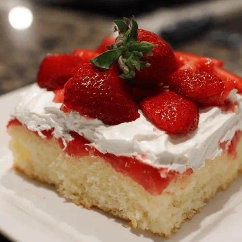 Delicious slice of strawberry shortcake, a delightful poke cake variation, on a white plate.