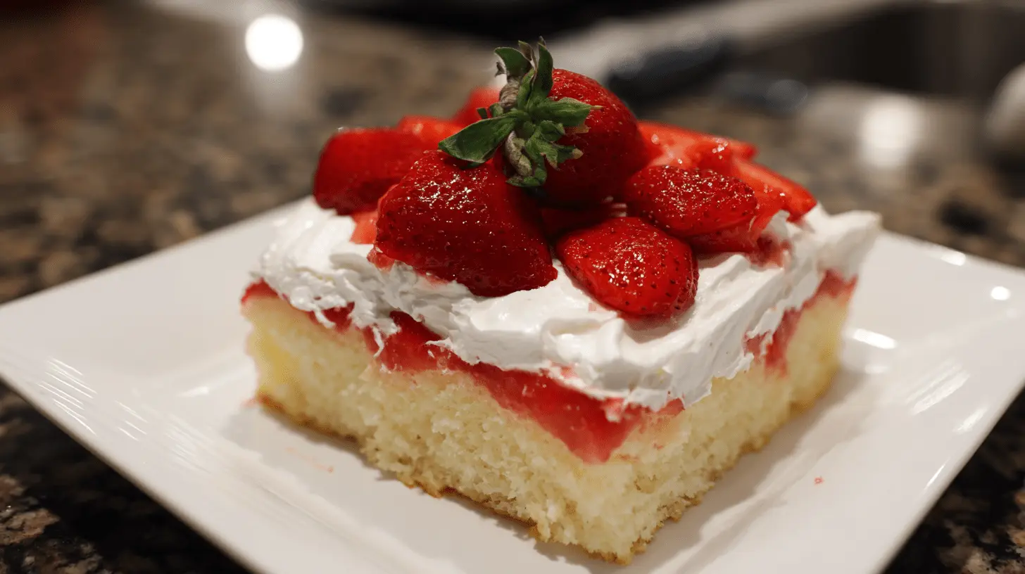 Delicious slice of strawberry shortcake, a delightful poke cake variation, on a white plate.