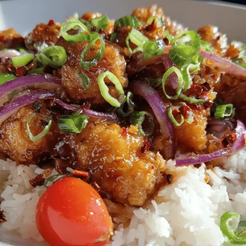 Mouth-watering glazed chinese chicken served over white rice, garnished with fresh onions and tomatoes.