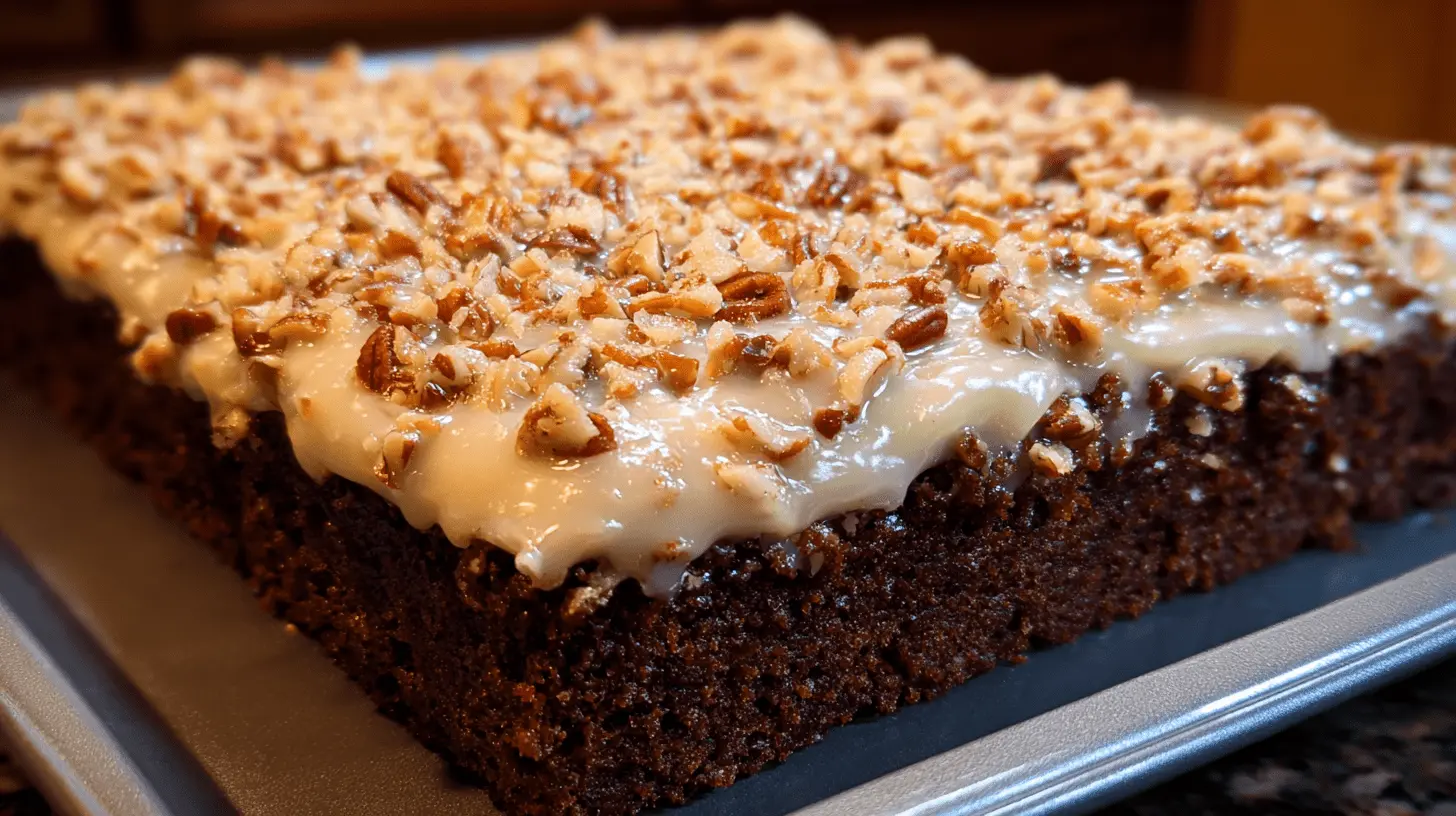 Close-up of a delicious chocolate sheet cake with creamy glaze and chopped pecans in a baking pan.