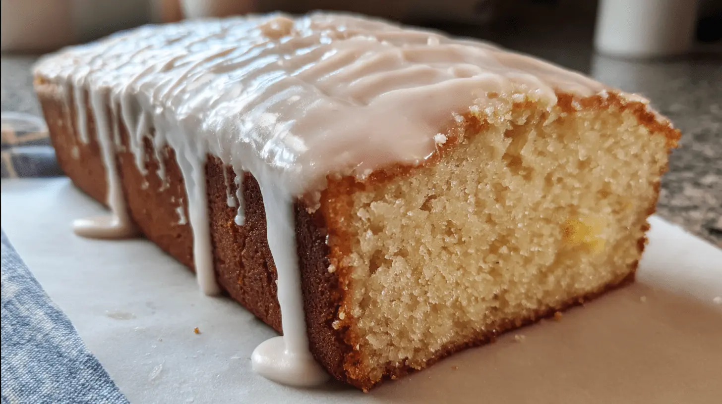 Freshly baked loaf cake generously drizzled with white glaze on a white surface.