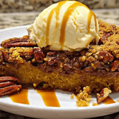 A mouth-watering slice of pecan pie dump cake on a white plate, topped with vanilla ice cream and caramel drizzle.