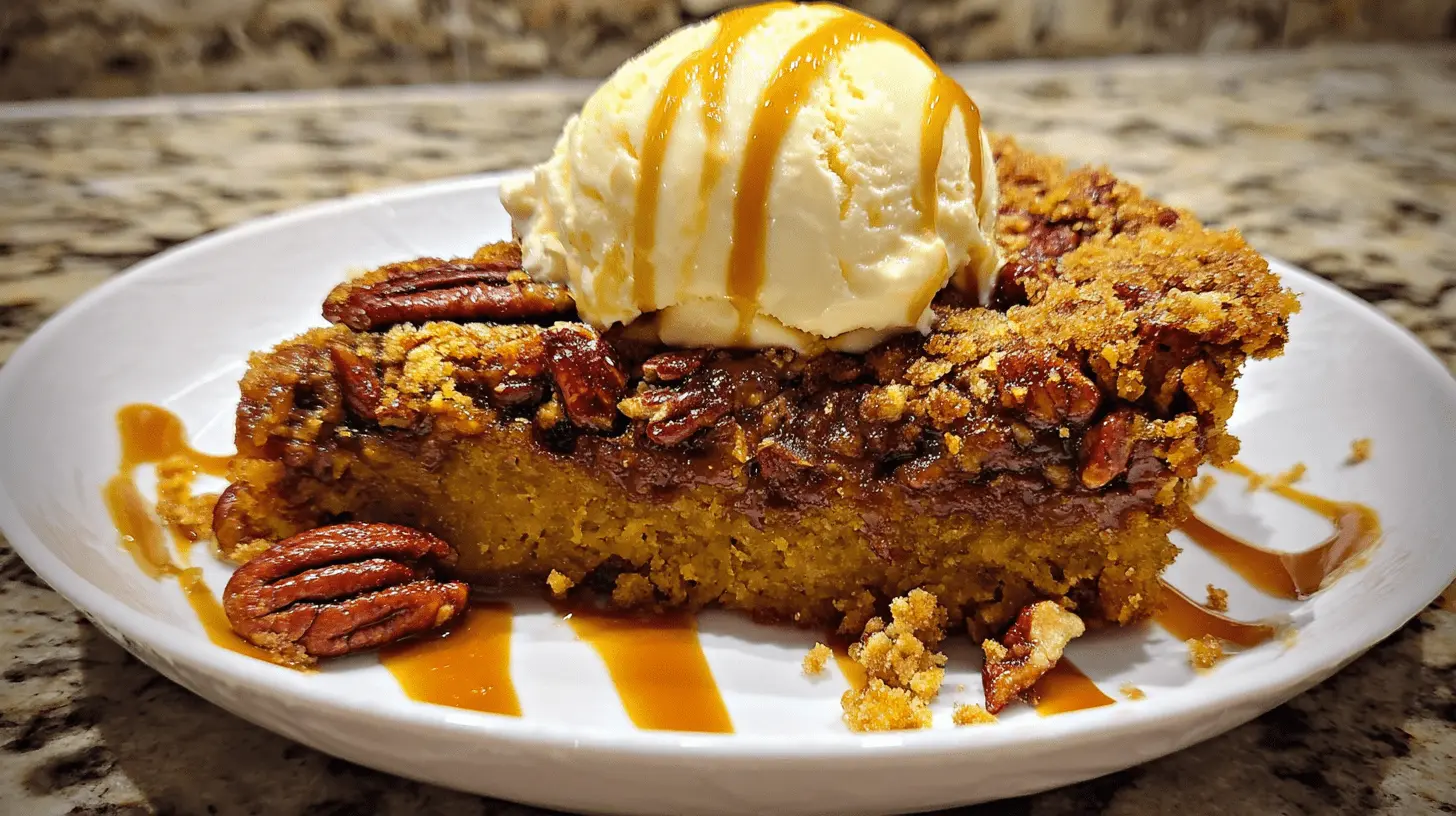 A mouth-watering slice of pecan pie dump cake on a white plate, topped with vanilla ice cream and caramel drizzle.