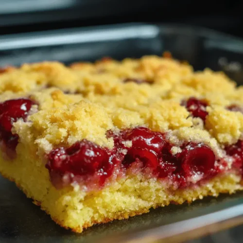Close-up of a delectable slice of cherry dump cake, featuring a golden crumbly top, vibrant cherry filling, and a moist base in a glass dish.