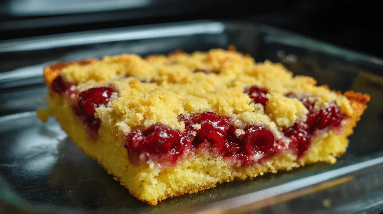 Close-up of a delectable slice of cherry dump cake, featuring a golden crumbly top, vibrant cherry filling, and a moist base in a glass dish.