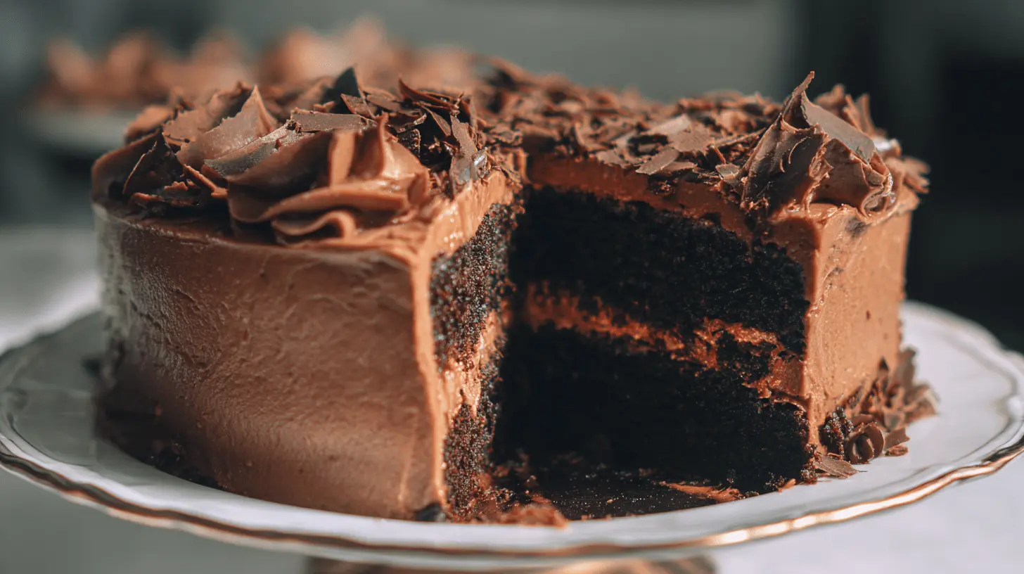 Decadent chocolate cake with a slice removed, revealing moist layers and creamy frosting.