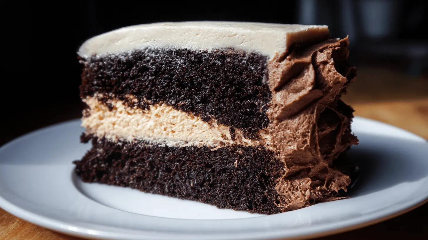 Decadent slice of multi-layered dark chocolate vegan cake with creamy filling and textured frosting.