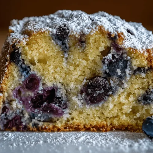 A close-up of a slice of blueberry cake, heavily dusted with powdered sugar, on a white plate with fresh blueberries.