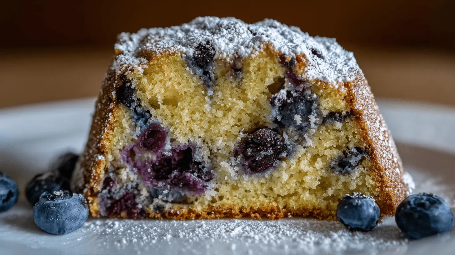 A close-up of a slice of blueberry cake, heavily dusted with powdered sugar, on a white plate with fresh blueberries.