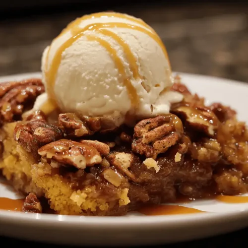 Warm pecan dump cake with candied pecans, vanilla ice cream, and caramel on a white plate.