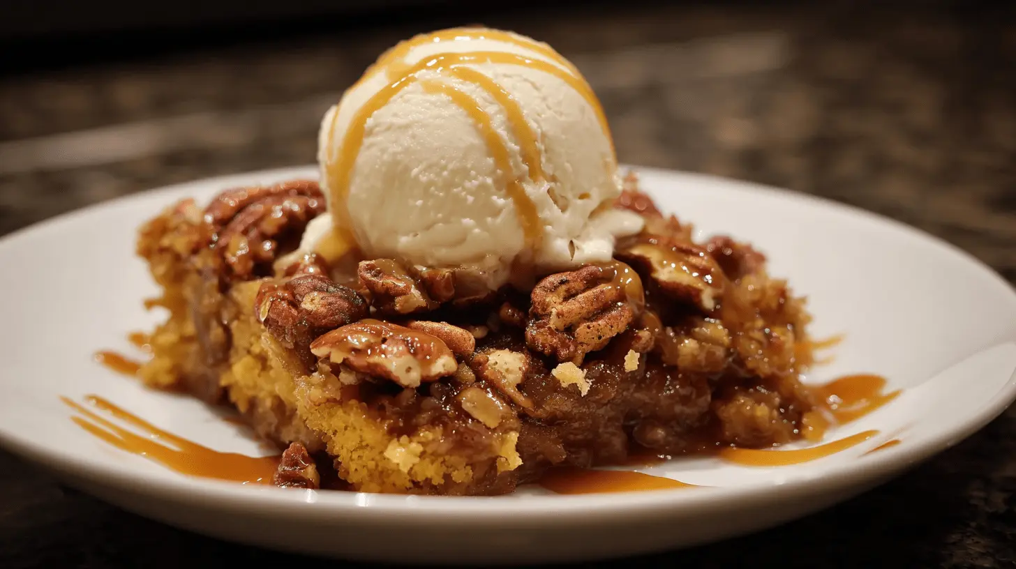 Warm pecan dump cake with candied pecans, vanilla ice cream, and caramel on a white plate.