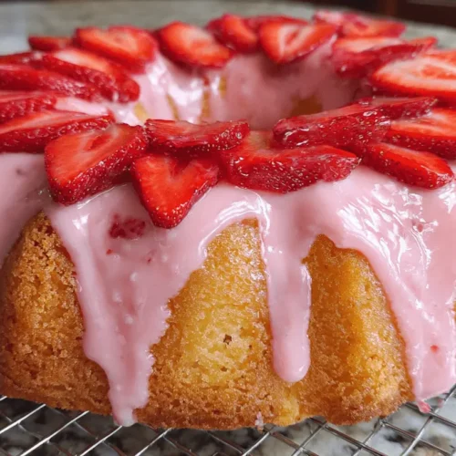 Delicious golden-brown strawberry pound cake with a pink glaze and fresh strawberry slices cooling.