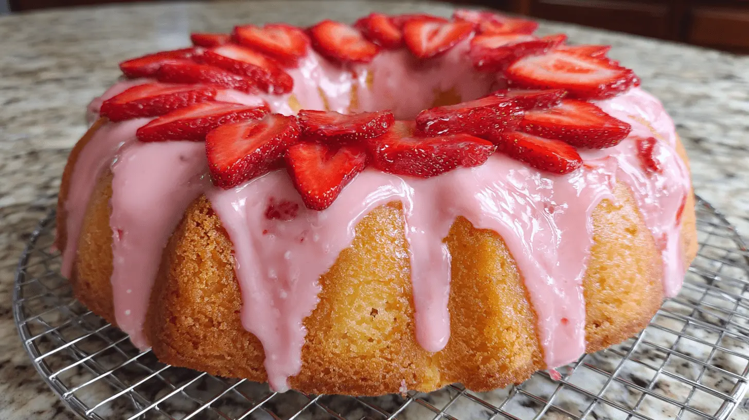 Delicious golden-brown strawberry pound cake with a pink glaze and fresh strawberry slices cooling.