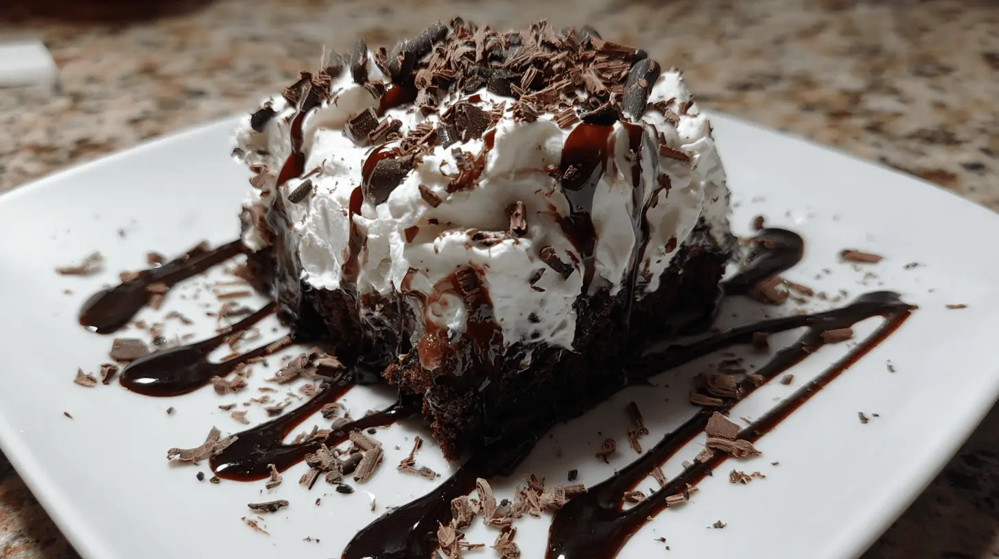 Decadent chocolate poke cake topped with whipped cream, chocolate syrup, and shavings on a white plate.