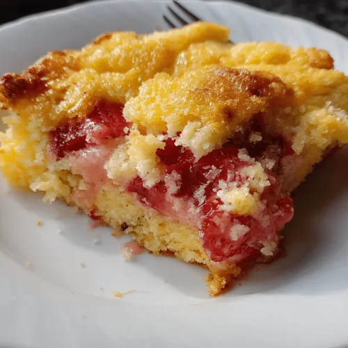 Close-up of a generous slice of homemade-looking strawberry dump cake on a white scalloped plate, showcasing its golden cake base, vibrant baked strawberries, and crumbly golden-brown topping.