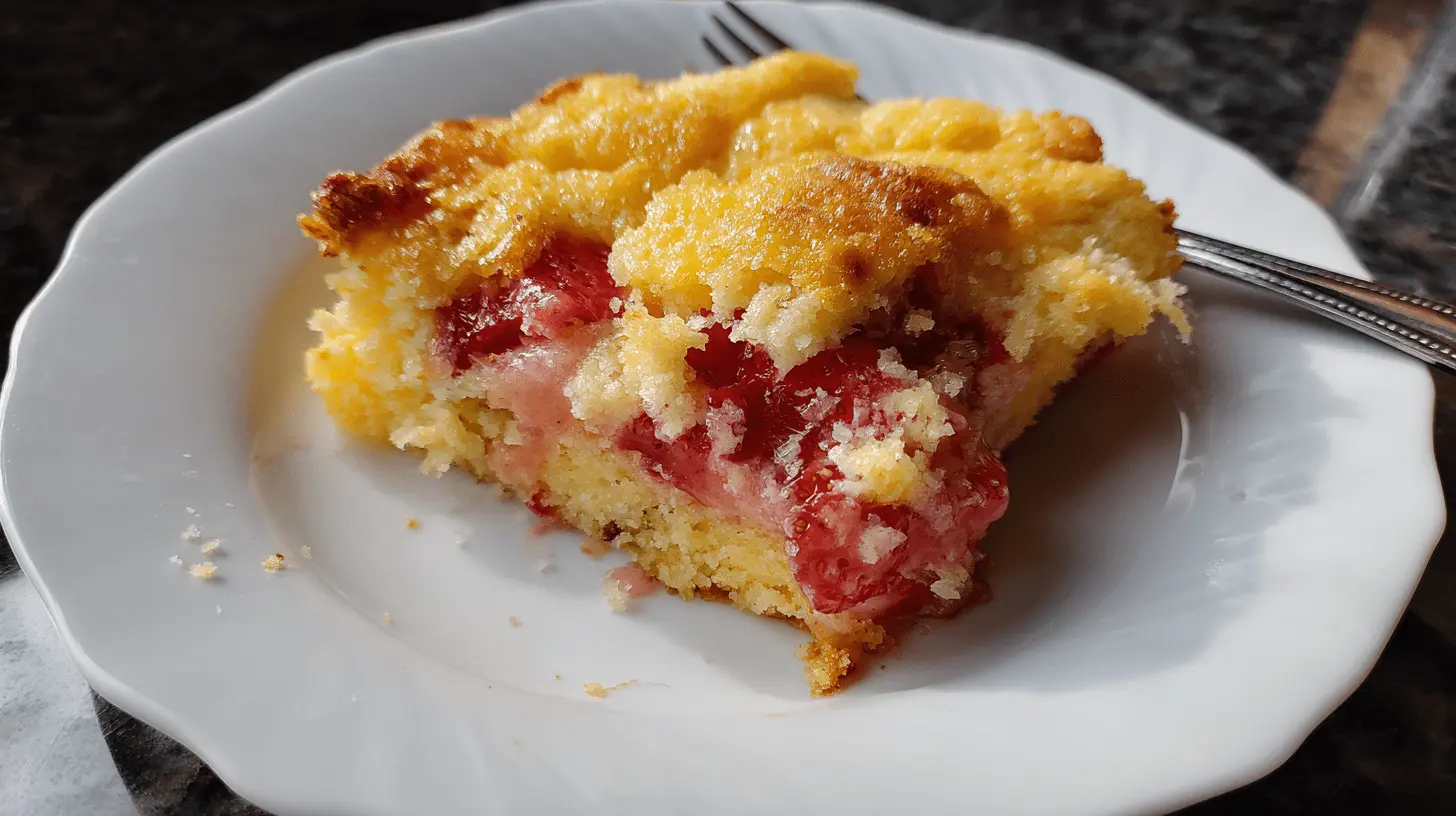 Close-up of a generous slice of homemade-looking strawberry dump cake on a white scalloped plate, showcasing its golden cake base, vibrant baked strawberries, and crumbly golden-brown topping.